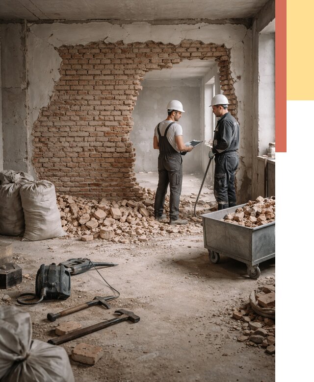 Демонтаж кирпичных стен в Новомосковске от 4337 руб. — быстро, недорого, под ключ | ОТДЕЛОЧНИК-Нвм