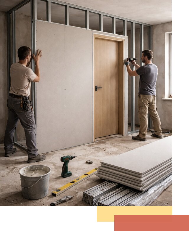 Перегородка из гипсокартона с дверью под ключ в Новомосковске