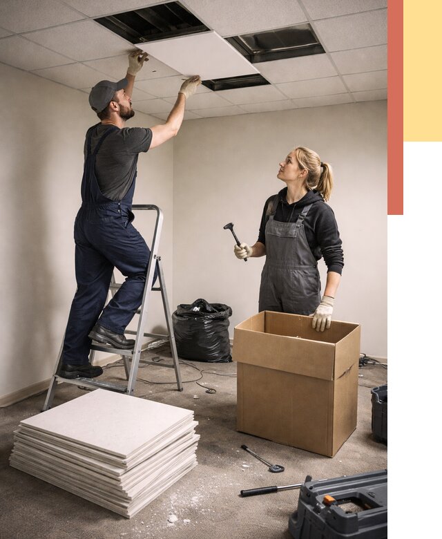 Демонтаж потолочной плитки в Новомосковске от 4646 руб. быстро и недорого | ОТДЕЛОЧНИК-Нвм