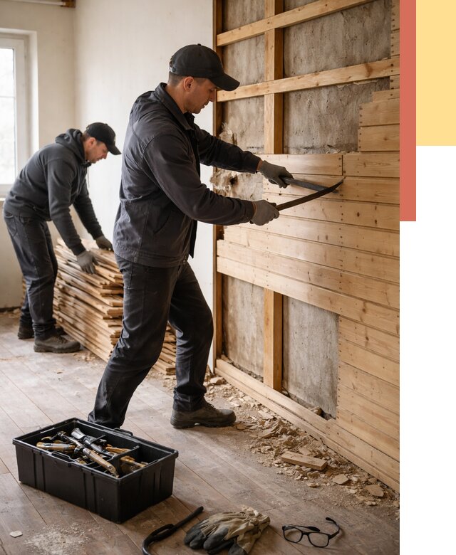 Демонтаж вагонки в Новомосковске от 3924 руб/м2 — быстро и недорого | ОТДЕЛОЧНИК-Нвм