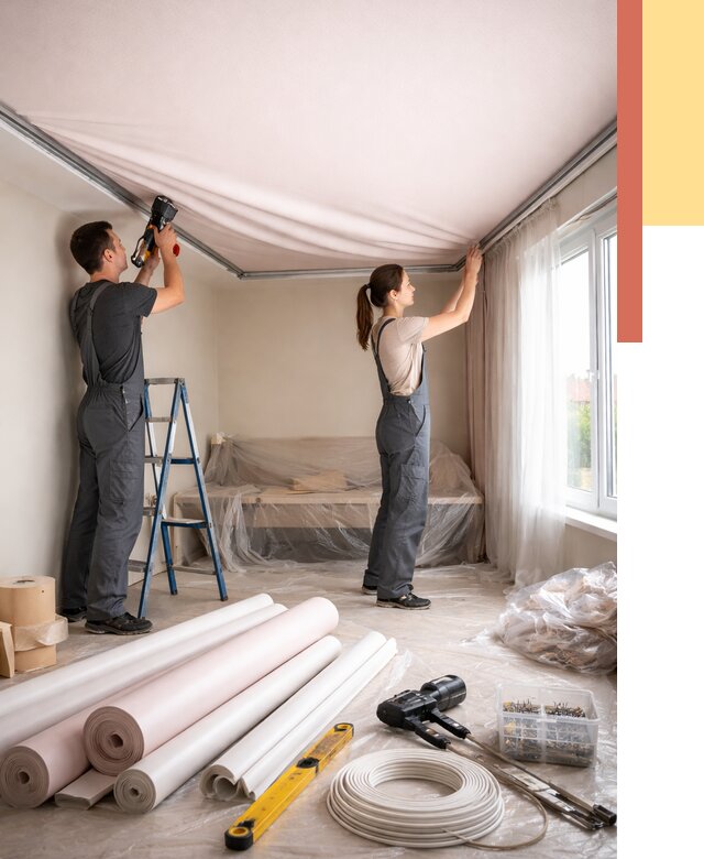 Монтаж цветного натяжного потолка в Новомосковске от 4337 руб/м² — быстро и недорого | ОТДЕЛОЧНИК-Нвм