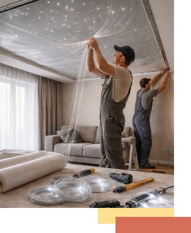 Монтаж натяжного потолка «Звездное небо» в Новомосковске