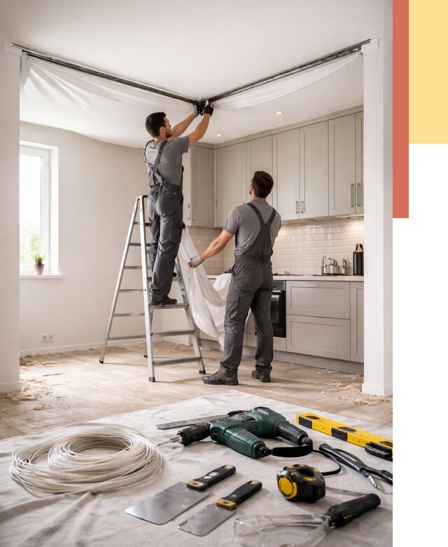 Установка натяжного потолка на кухне в Новомосковске от 2478 руб. | ОТДЕЛОЧНИК-Нвм