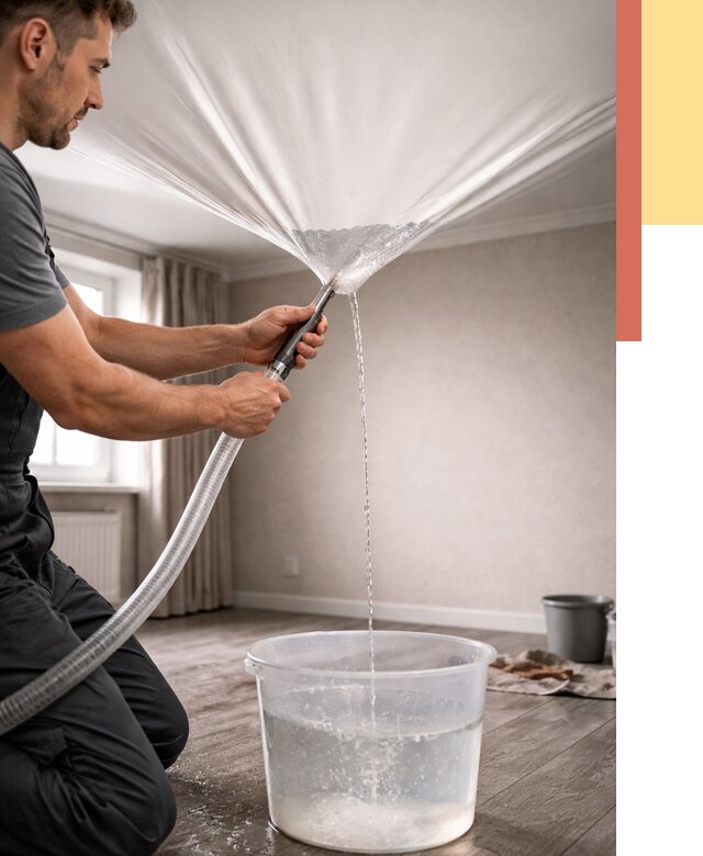 Слив воды с натяжного потолка в Новомосковске от 2581 руб. быстро и недорого | ОТДЕЛОЧНИК-Нвм