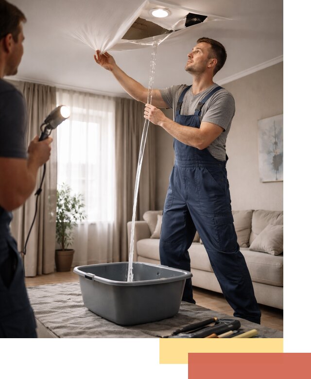 Слив воды с натяжного потолка в Новомосковске быстро и аккуратно