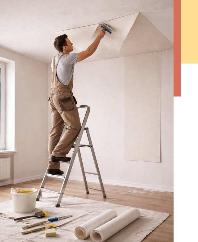 Поклейка обоев на потолок в Новомосковске от 4646 руб. быстро и недорого | ОТДЕЛОЧНИК-Нвм